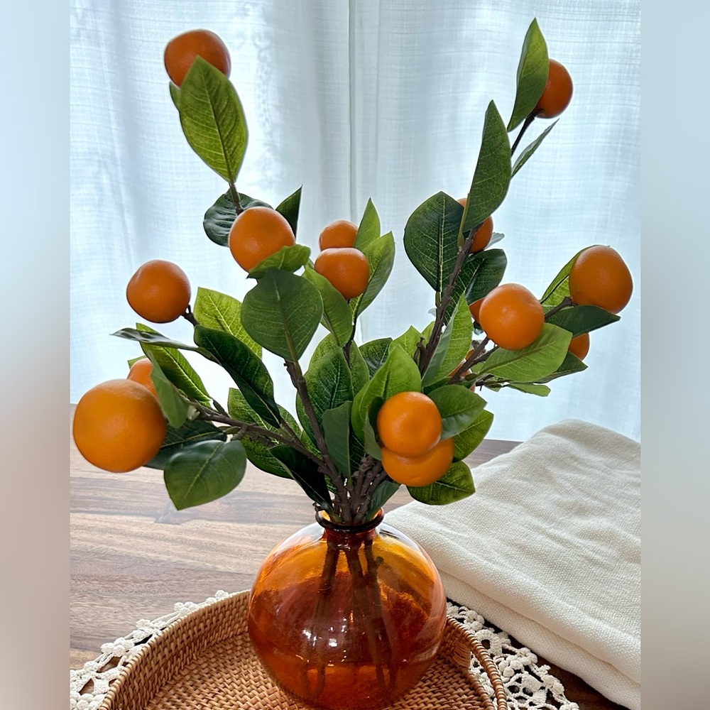 Orange Faux Mandarin Branches Amber Glass Vase Home decor boho farmhouse rustic